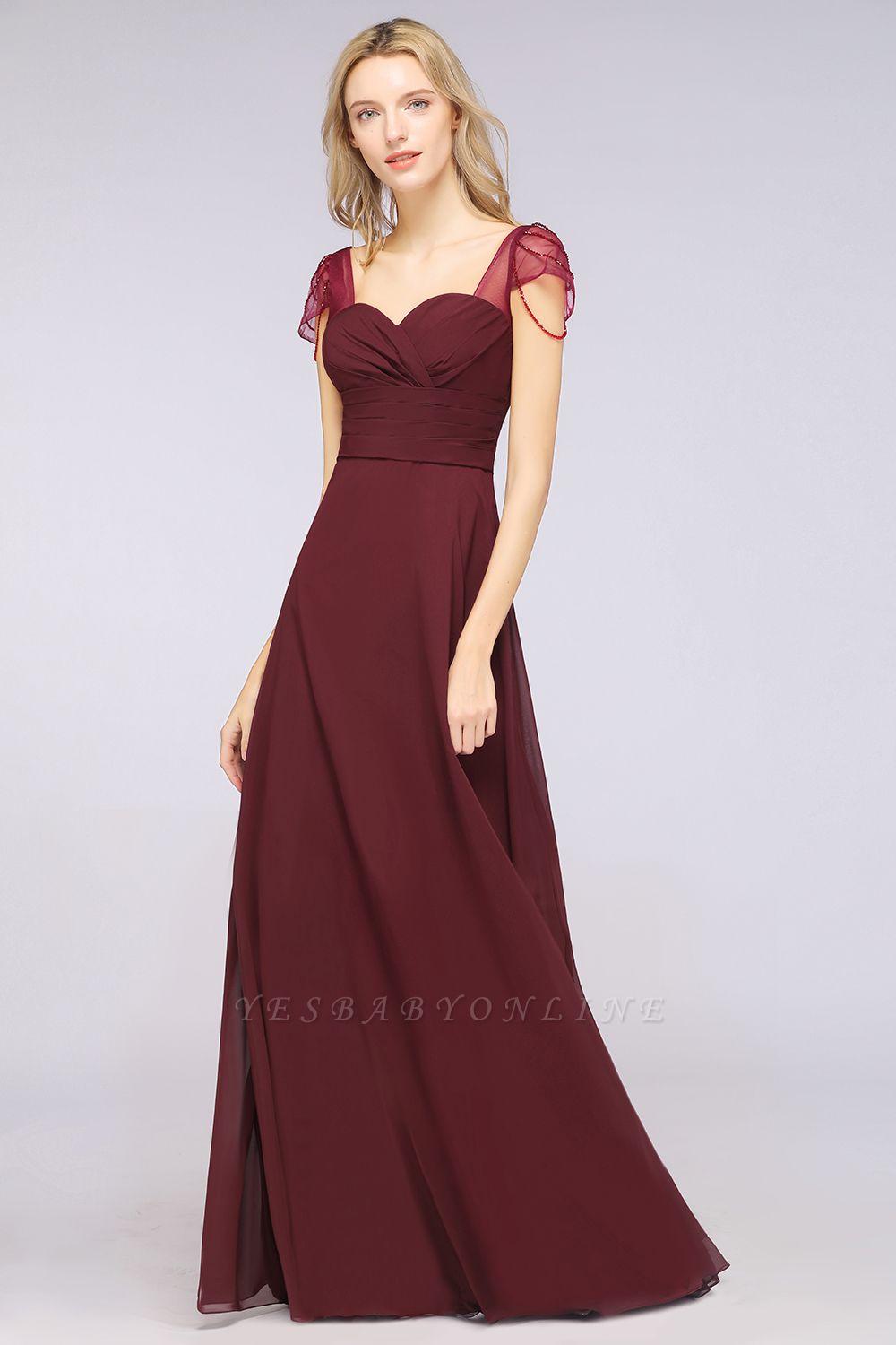 A-Line Sweetheart Cap-Sleeves Ruffle Floor-Length  Bridesmaid Dress with Beadings