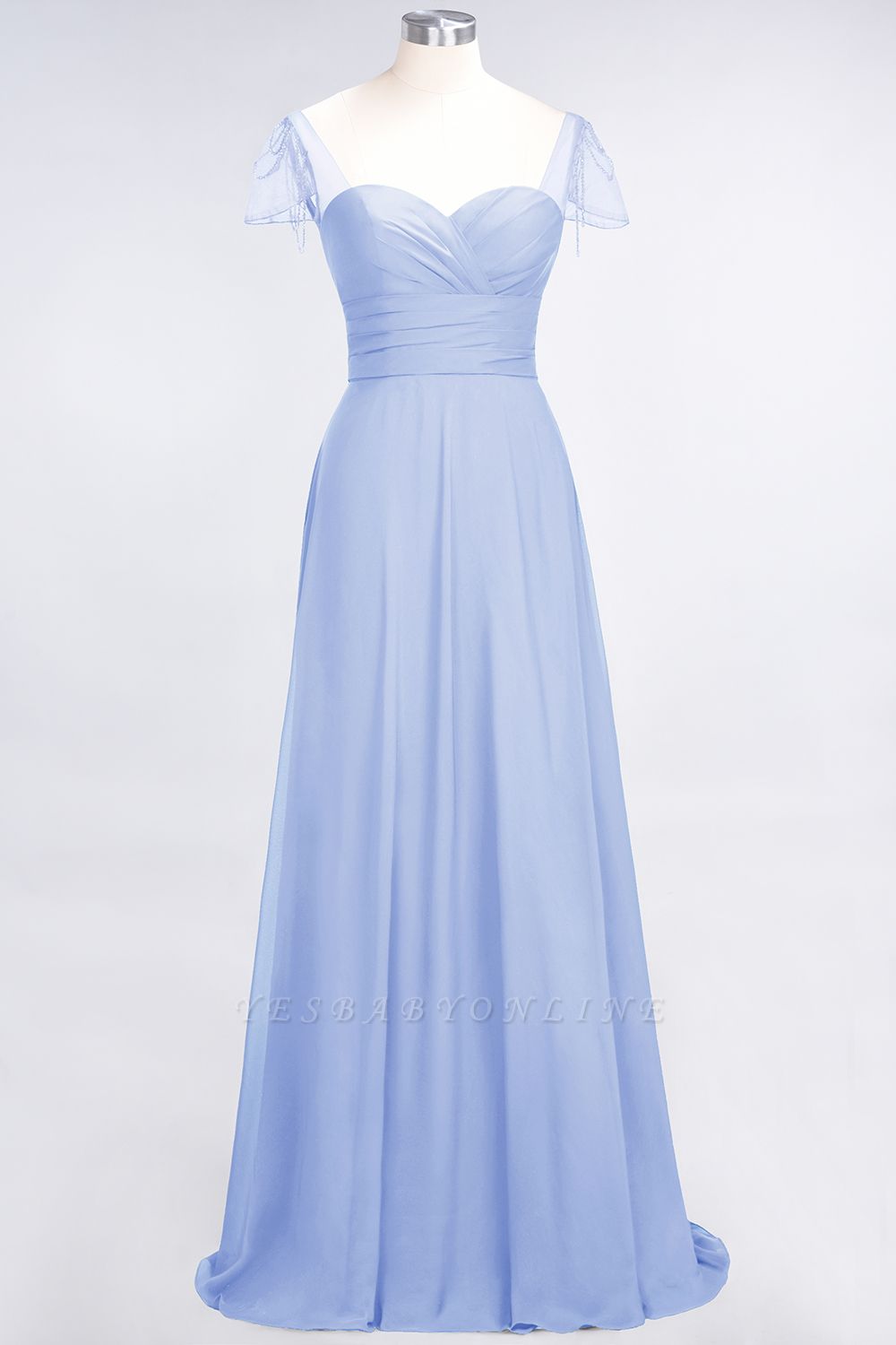 A-Line Sweetheart Cap-Sleeves Ruffle Floor-Length  Bridesmaid Dress with Beadings