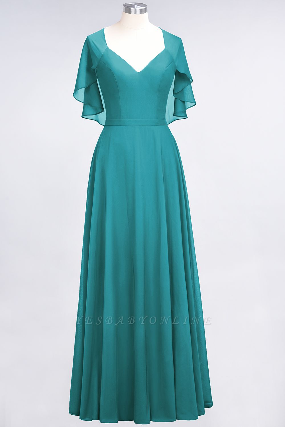 A-Line V-Neck short-sleeves Floor-Length Satin Bridesmaid Dress