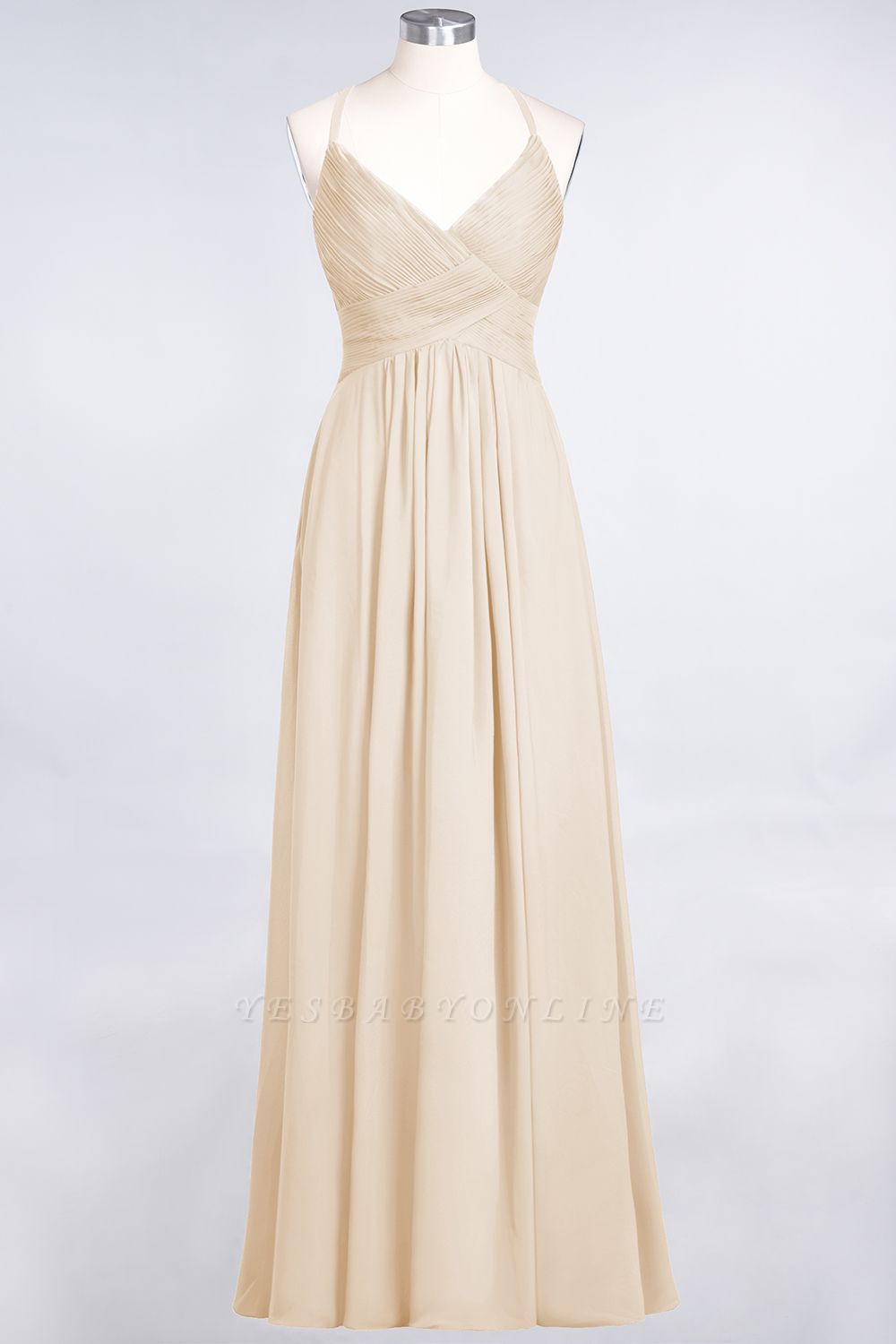 A-Line Spaghetti-Straps V-Neck Sleeveless Floor-Length  Bridesmaid Dress with Ruffles
