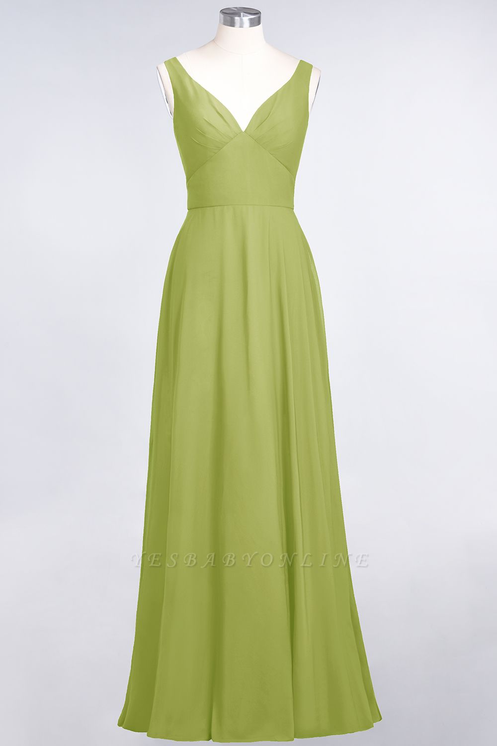 A-Line V-Neck Straps Sleeveless Ruffles Floor-Length  Bridesmaid Dress with Open Back