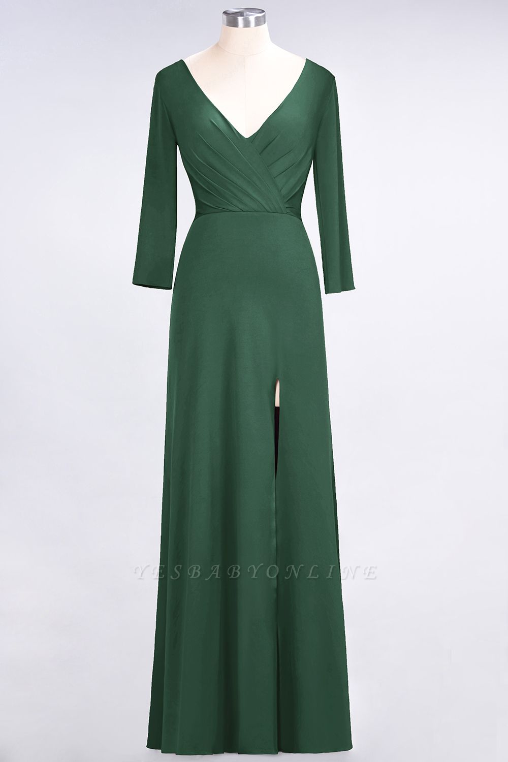 A-Line V-Neck Long-Sleeves Side-Slit Floor-Length Spandex Bridesmaid Dress with Ruffles