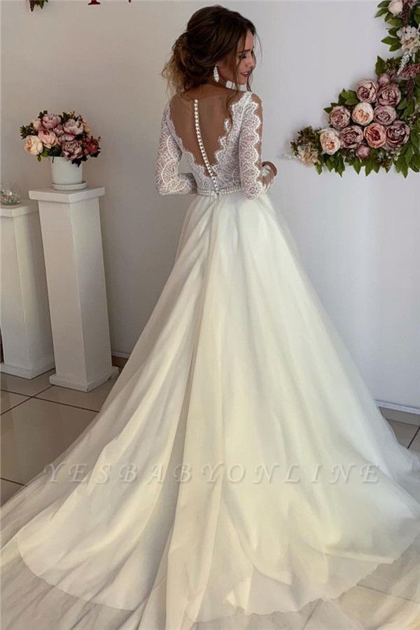 Gorgeous A-line V-Neck Wedding Dresses with Long See-Through Sleeves ...