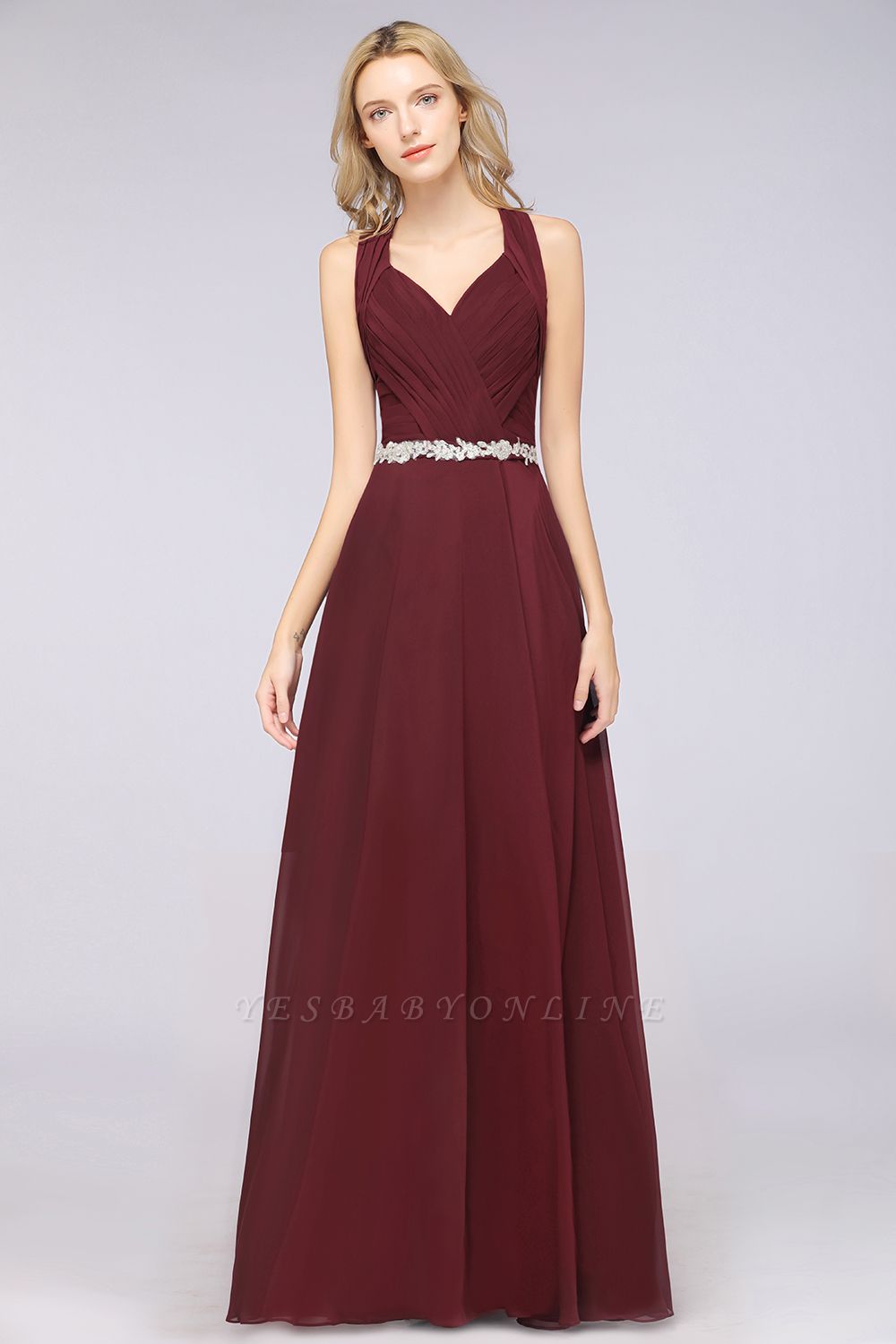 A-Line Halter V-Neck Sleeveless Ruffle Floor-Length  Bridesmaid Dress with Appliques Sashes