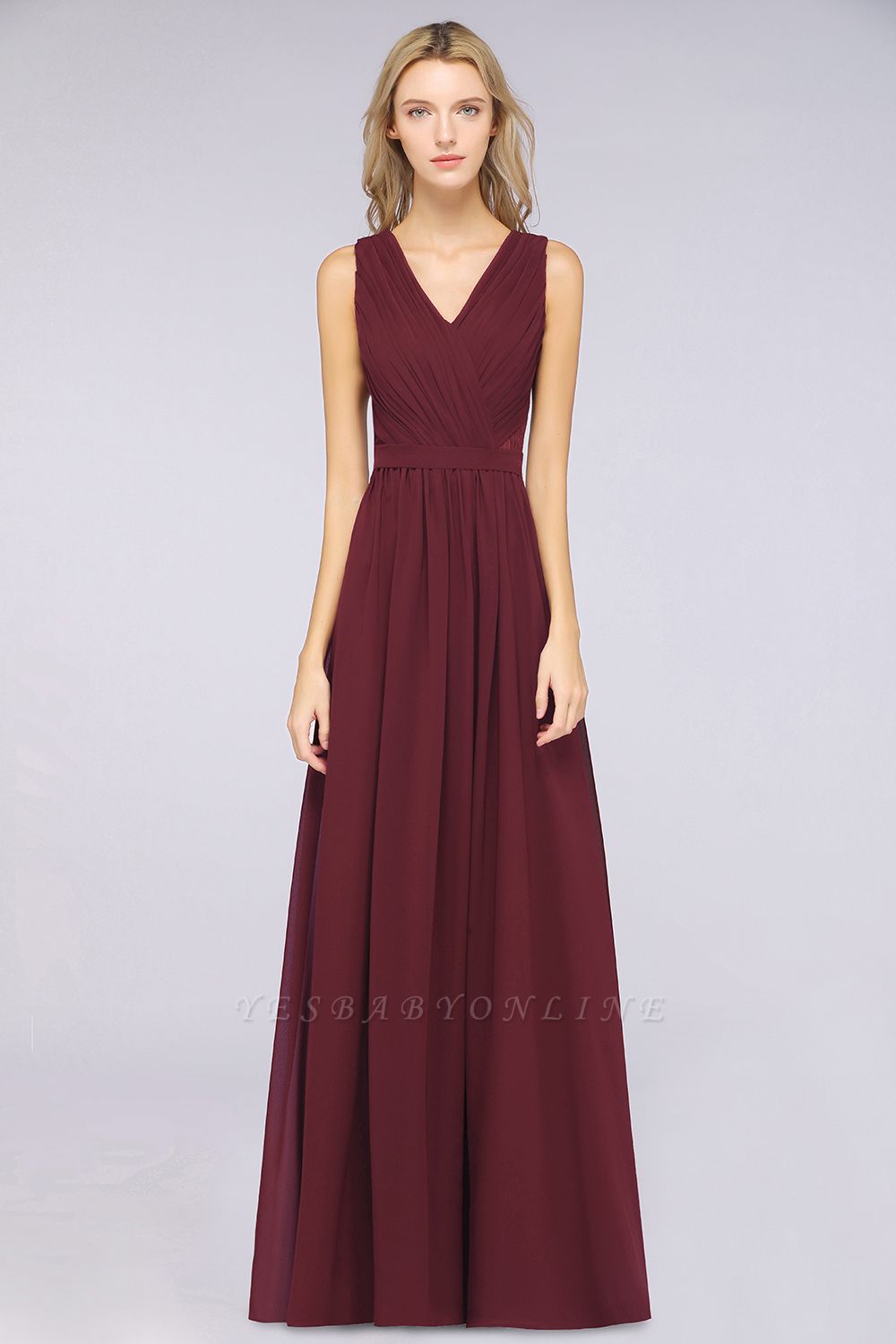 A-Line V-Neck Sleeveless Floor-Length  Lace Bridesmaid Dress with Ruffles