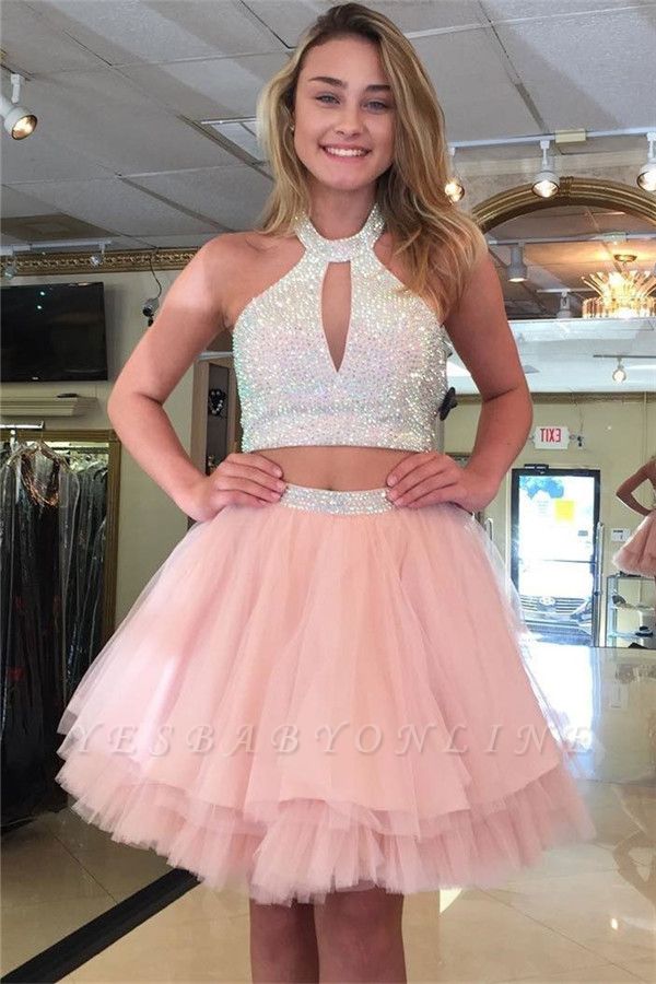Sexy Two-Pieces Tulle Sequins Halter Homecoming Dress