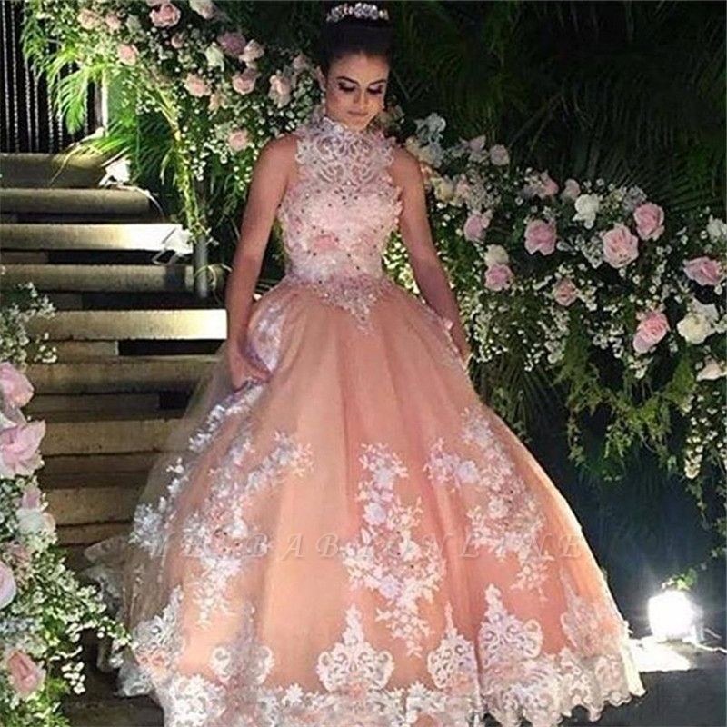 Wonderful High-Neck Appliques Ball Gown 15 Dresses | Sleeveless Beadings Quinceanera Dresses Long