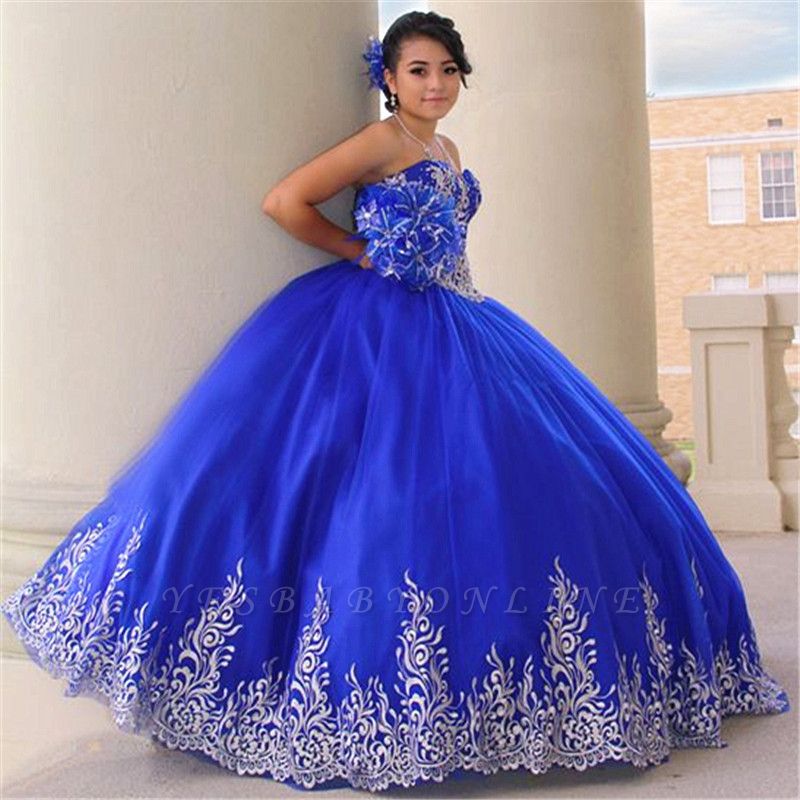 Attractive Royal-Blue Sweetheart Appliques Sleeveless Sweet 16 Dresses | Ball Gown Quince Dresses Long