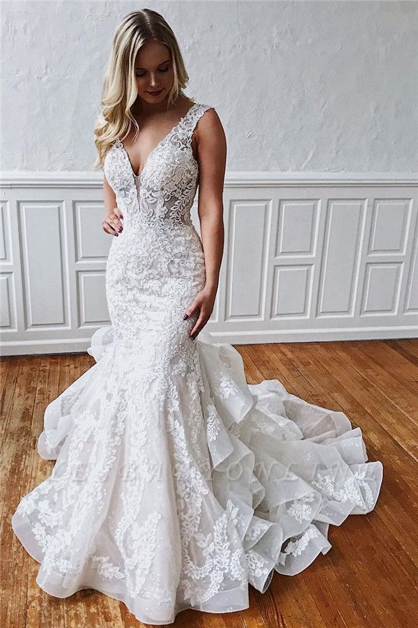 Glamorous Straps Ruffled Lace Mermaid Wedding Dresses