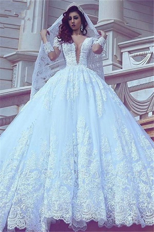 Long Sleeves Lace Ball-Gown Stylish Court-Train V-neck Wedding Dress