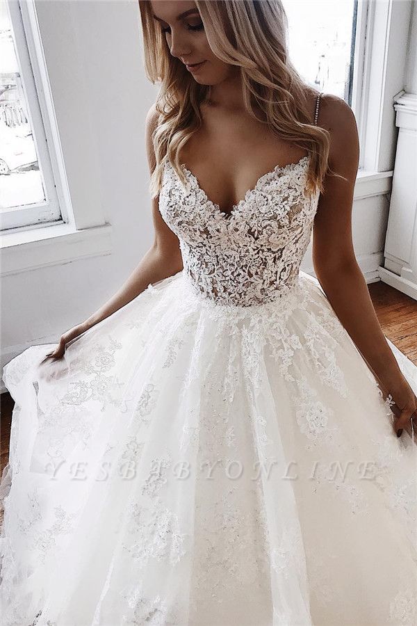 Glamorous Spaghetti-Straps Lace Appliques A-Line Wedding Dresses