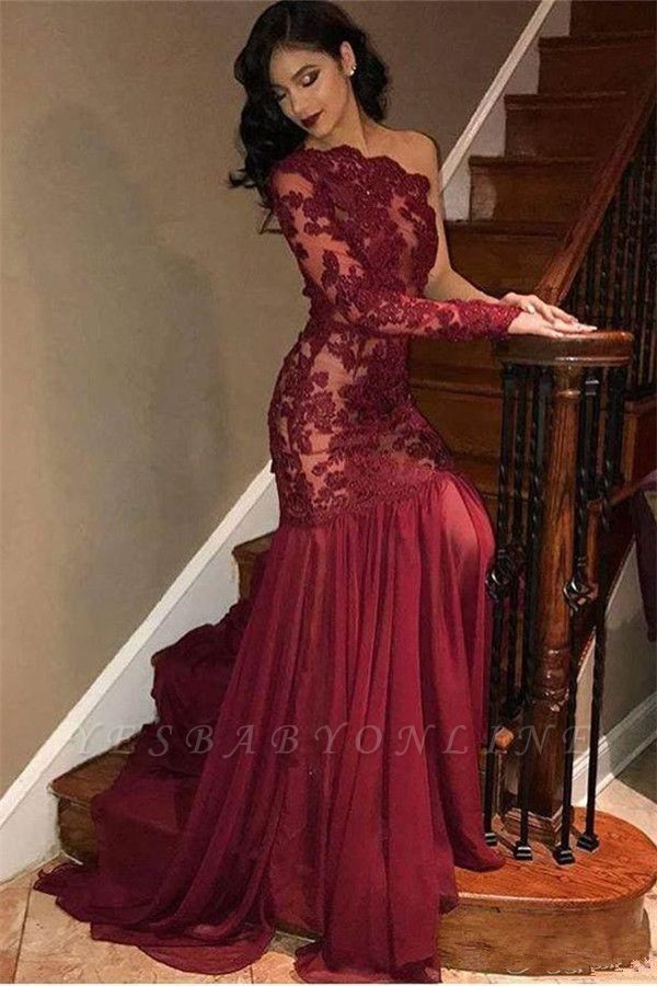 Sexy Tulle Lace One-Shoulder Long Sleeve Burgundy Evening Dress ...