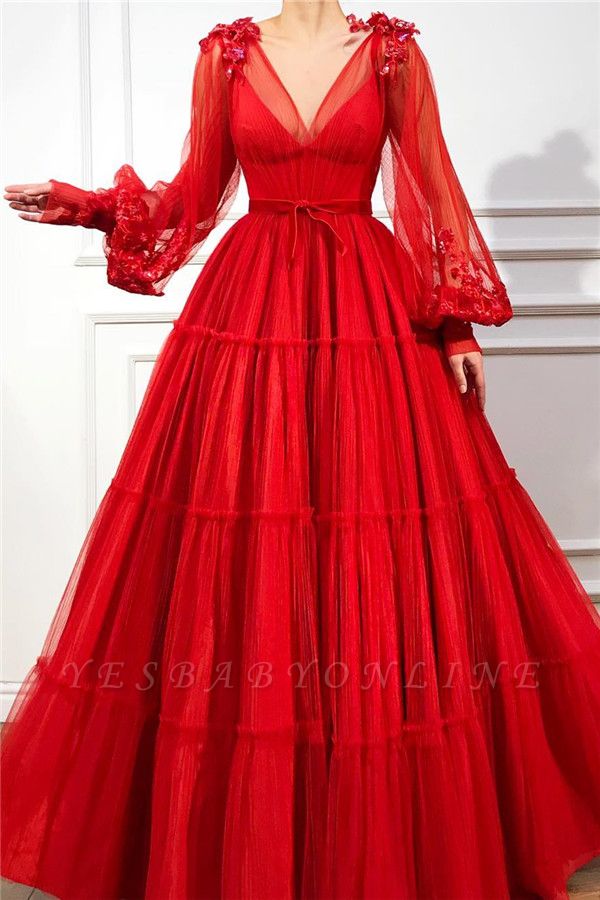 Chic V Neck Long Sleeves Red Tulle Prom ...