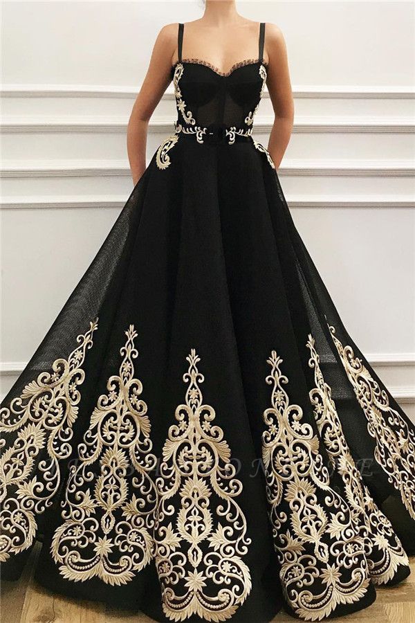 Straps Sweetheart Black Tulle Prom Dress | Sleeveless Champagne Appliques Long Prom Dress
