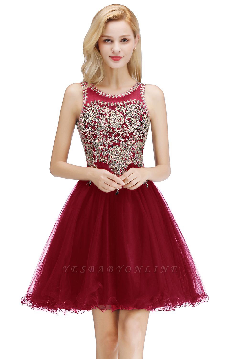 Short A-line Tulle Lace Jewel Prom Dress with Beadings