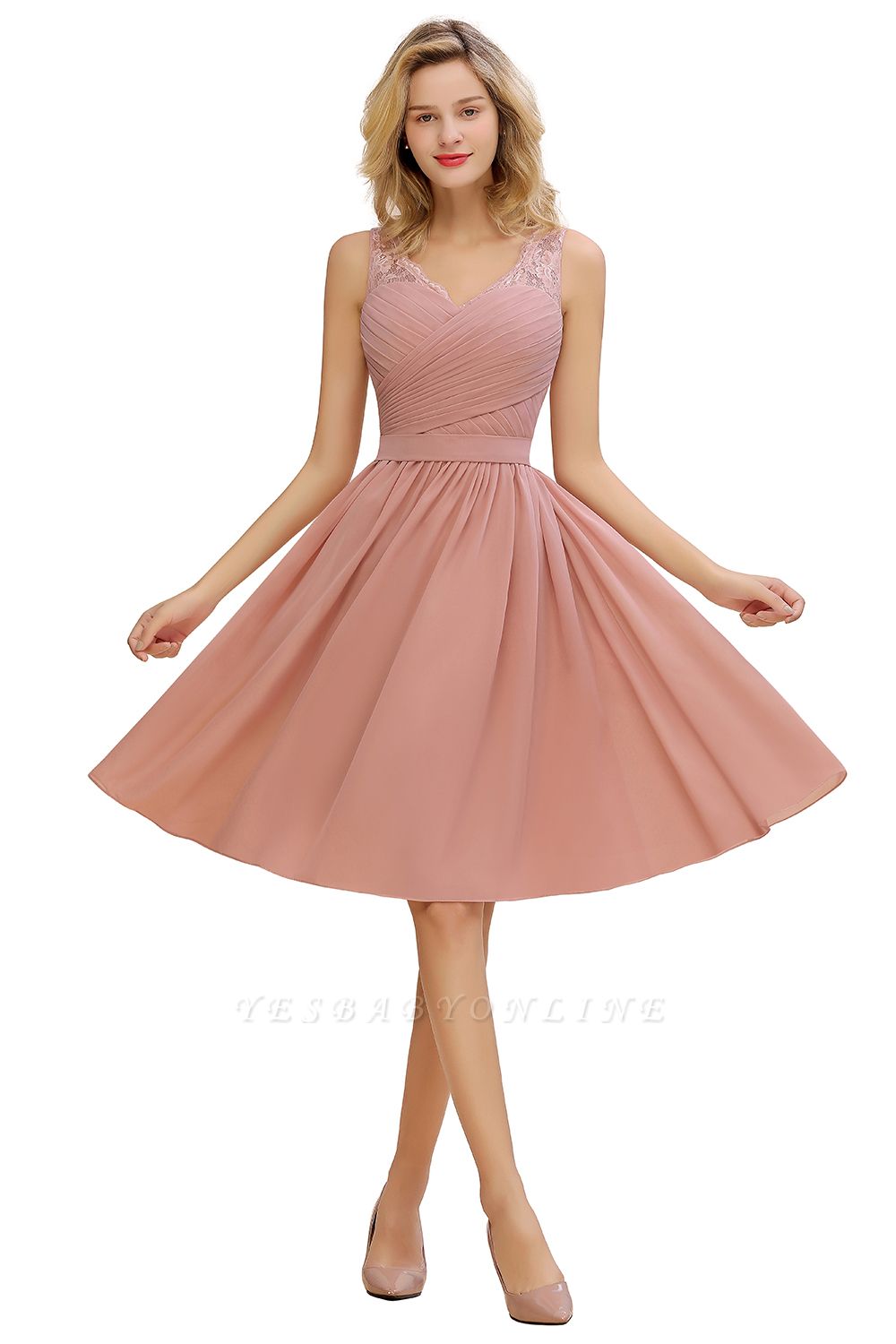 A-line Chiffon Ruffle Bridesmaid Dress Sleeveless Lace Homecoming Dress