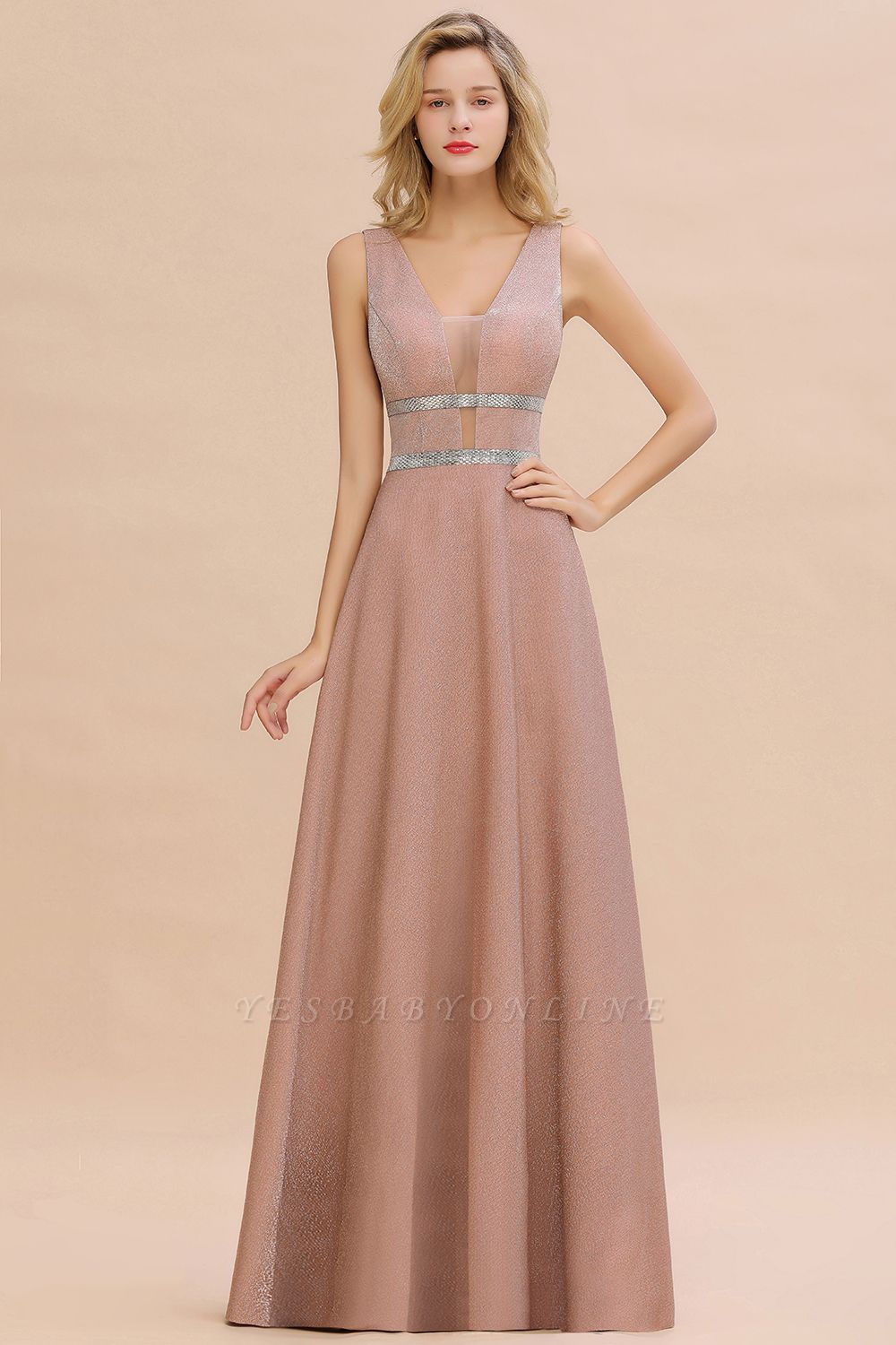 Gorgeous Sleeveless V-back Pink Deep V-neck Long Evening Dresses