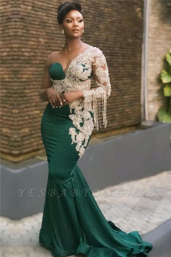 Dark Green Mermaid Appliques Prom Dresses | Glamorous Sweep Train One Shoulder Evening Dresses