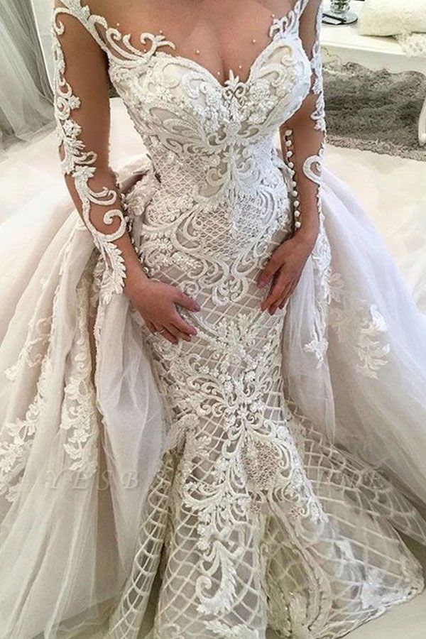 Glamorous Long Sleeves Mermaid Lace Overskirt Wedding Dresses ...