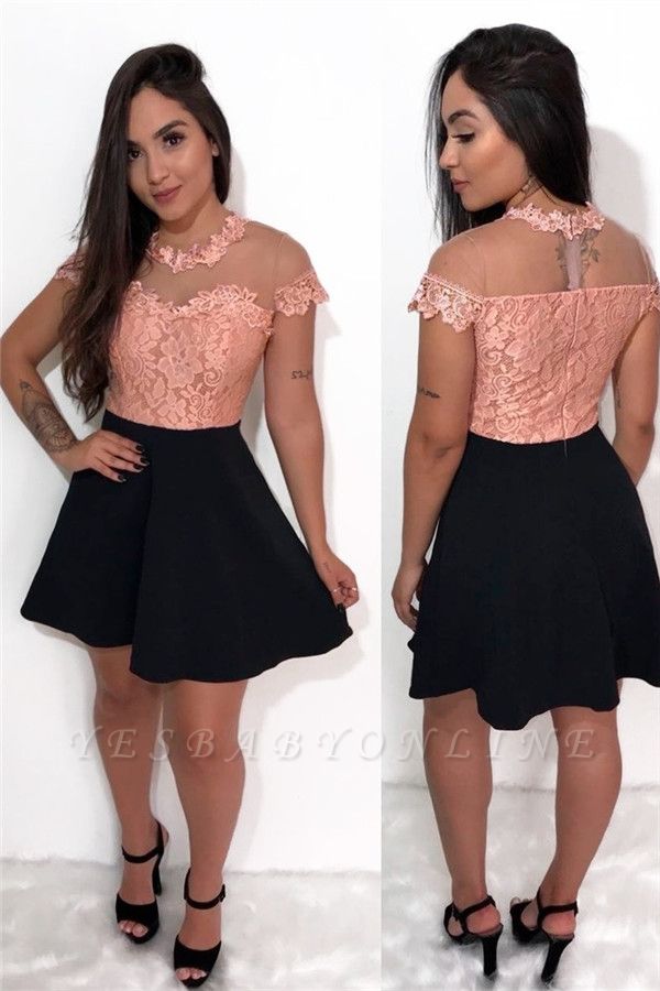 Lovely Lace A-line Homecoming Dresses | Pink Black Cocktail Dress