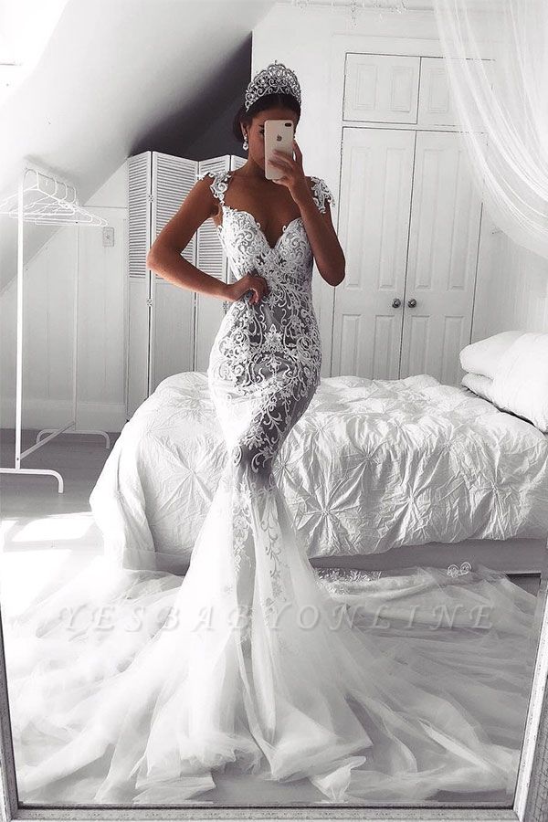 Sexy Lace Mermaid Wedding Dresses | See-Through Cap Sleeves Bridal Gowns