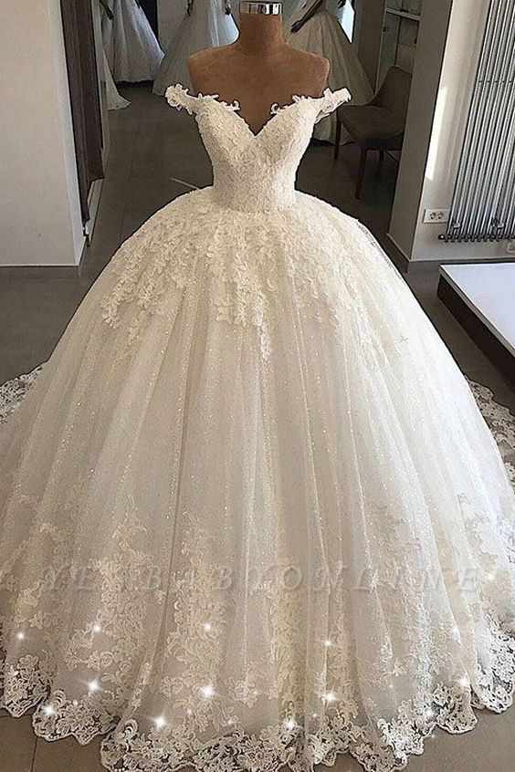 Charming Sweep Train Off the Shoulder Sweetheart Ball Gown Tulle Lace Wedding Dresses