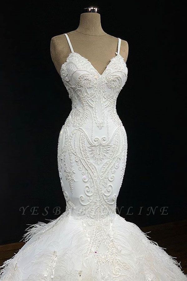 Elegant Spaghetti-Straps Fur Appliques Sexy Mermaid Wedding Dress