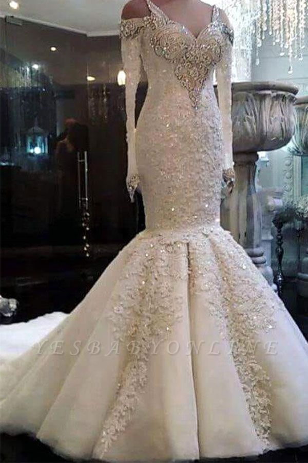 Charming Crystals Mermaid Wedding Dresses | Long Sleeves Appliques Bridal Gowns