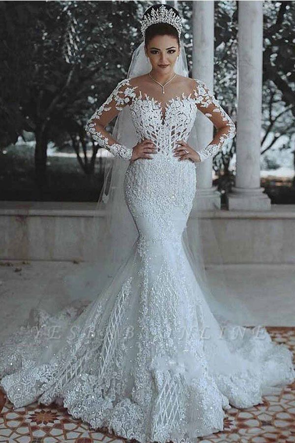 Glamorous Long Sleeves Wedding Dress | Mermaid Lace Bridal Gowns
