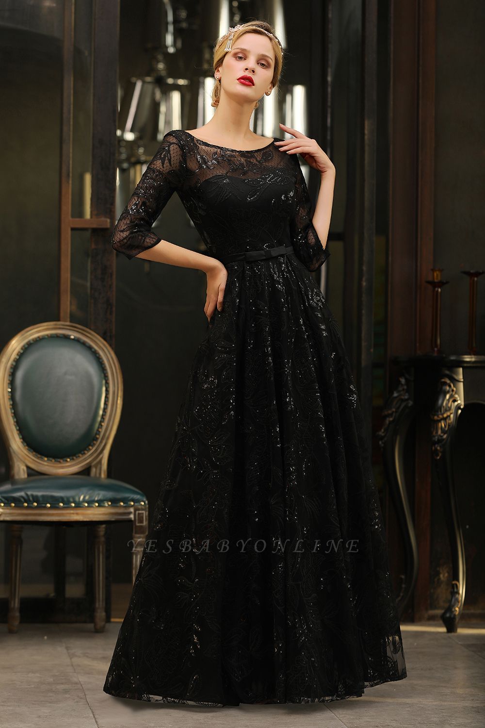 A-line Round Neckline Sexy Lace Prom Dresses | Black Evening Dresses ...