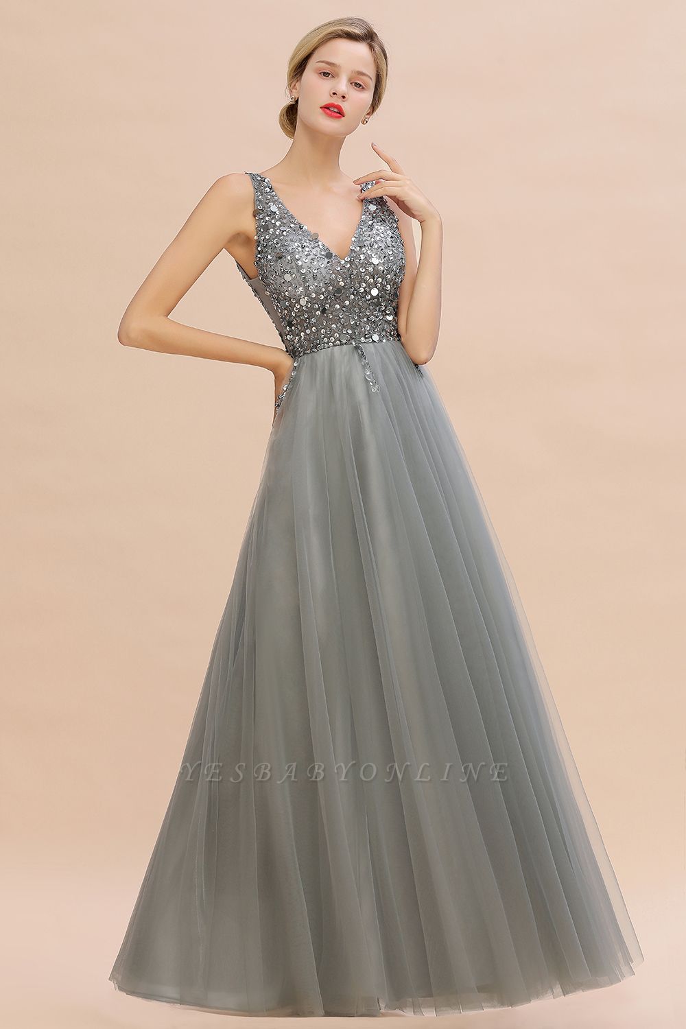 Sleeveless A-line Sequin Tulle Prom Dresses | Cheap Evening Dress ...