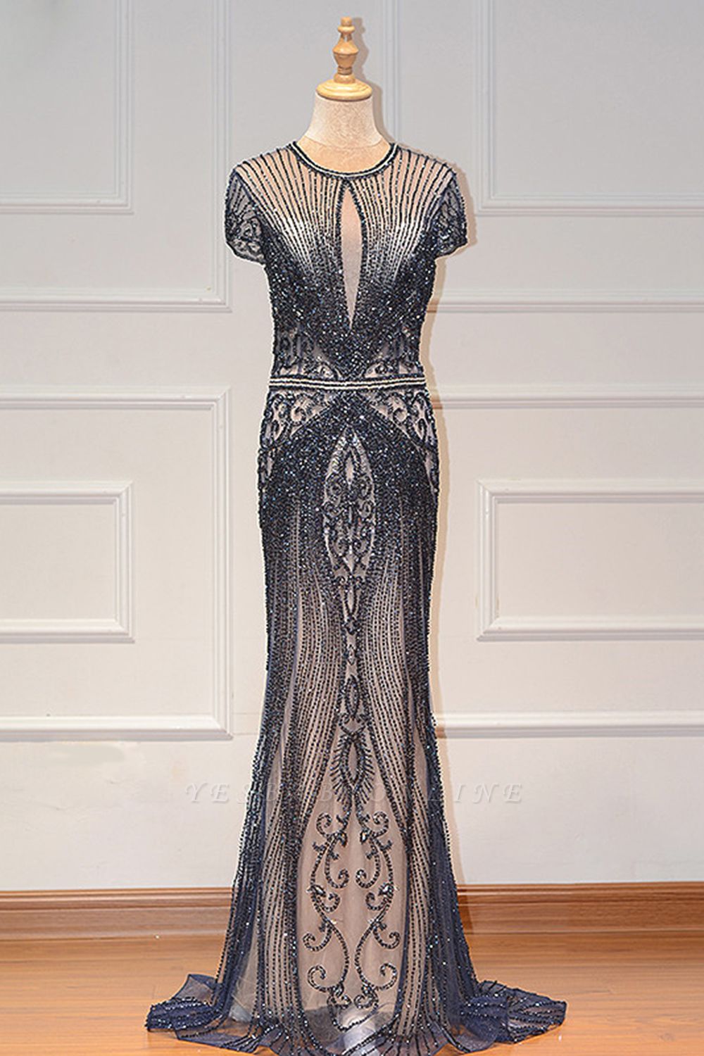 Luxury Cap Sleeves Keyhole Rhinestones Mermaid Prom Dresses | Gorgeous Beaded Evening Dress