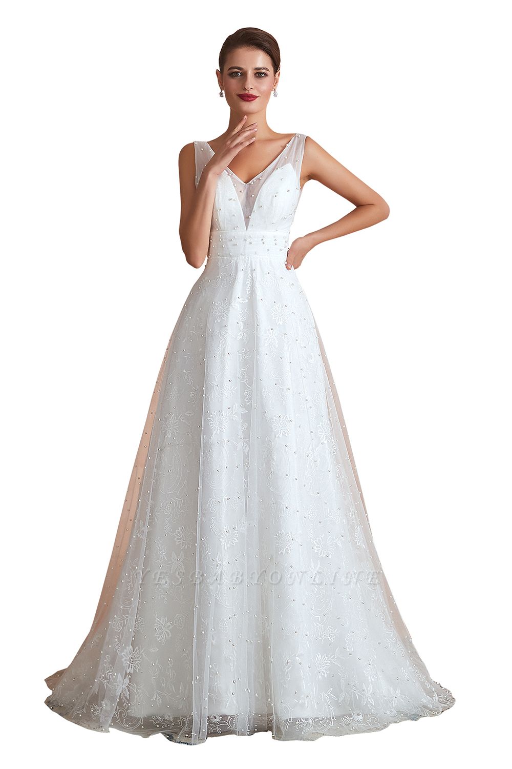 Floor Length Straps V-neck Backless A-line Wedding Dresses | Tulle Bridal Gowns