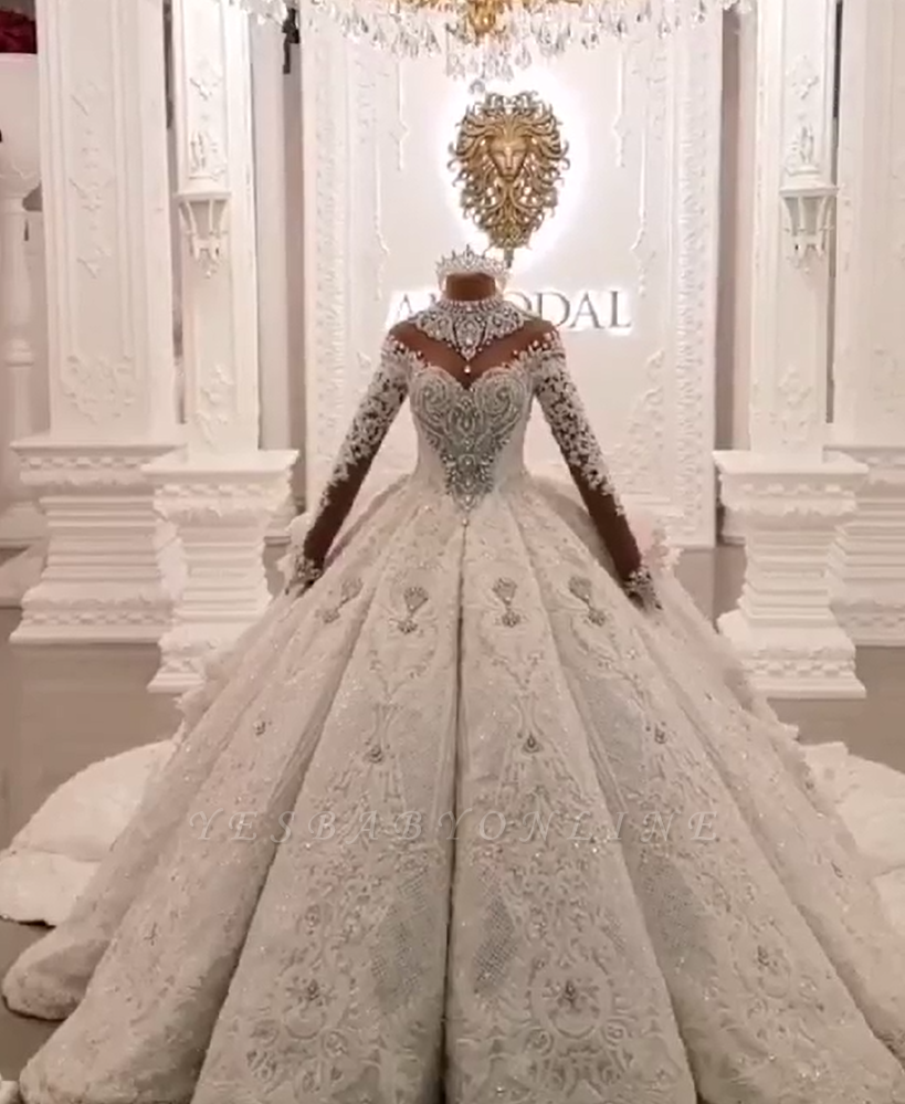 Luxury High Neck Long Sleeves Crystal Ball Gown Wedding Dress | Haute Couture Bridal Gowns