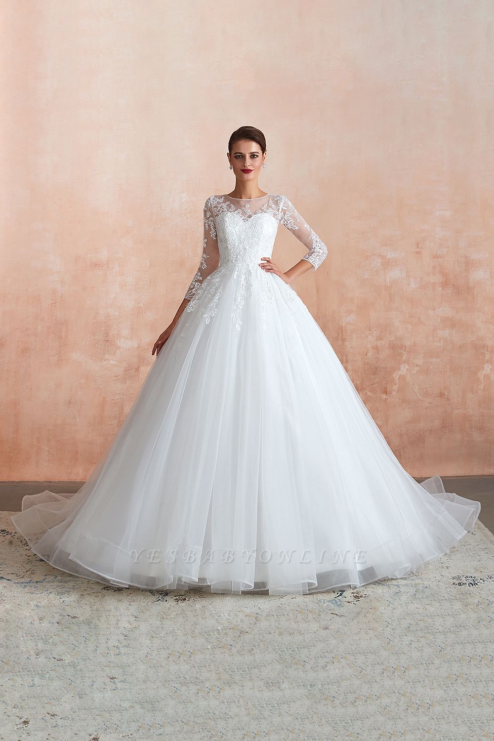 Floor Length Crew A-line Lace Tulle Wedding Dresses with Long Sleeves