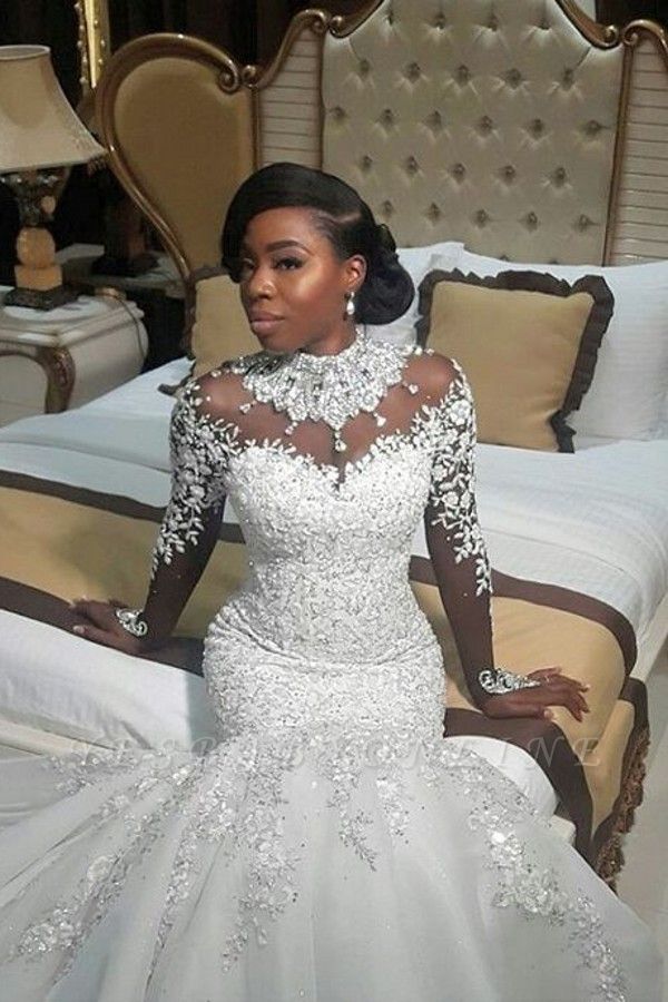 Fashion Beaded Lace Appliques High Neck Wedding Dress | Sexy Mermaid Bridal Dresses