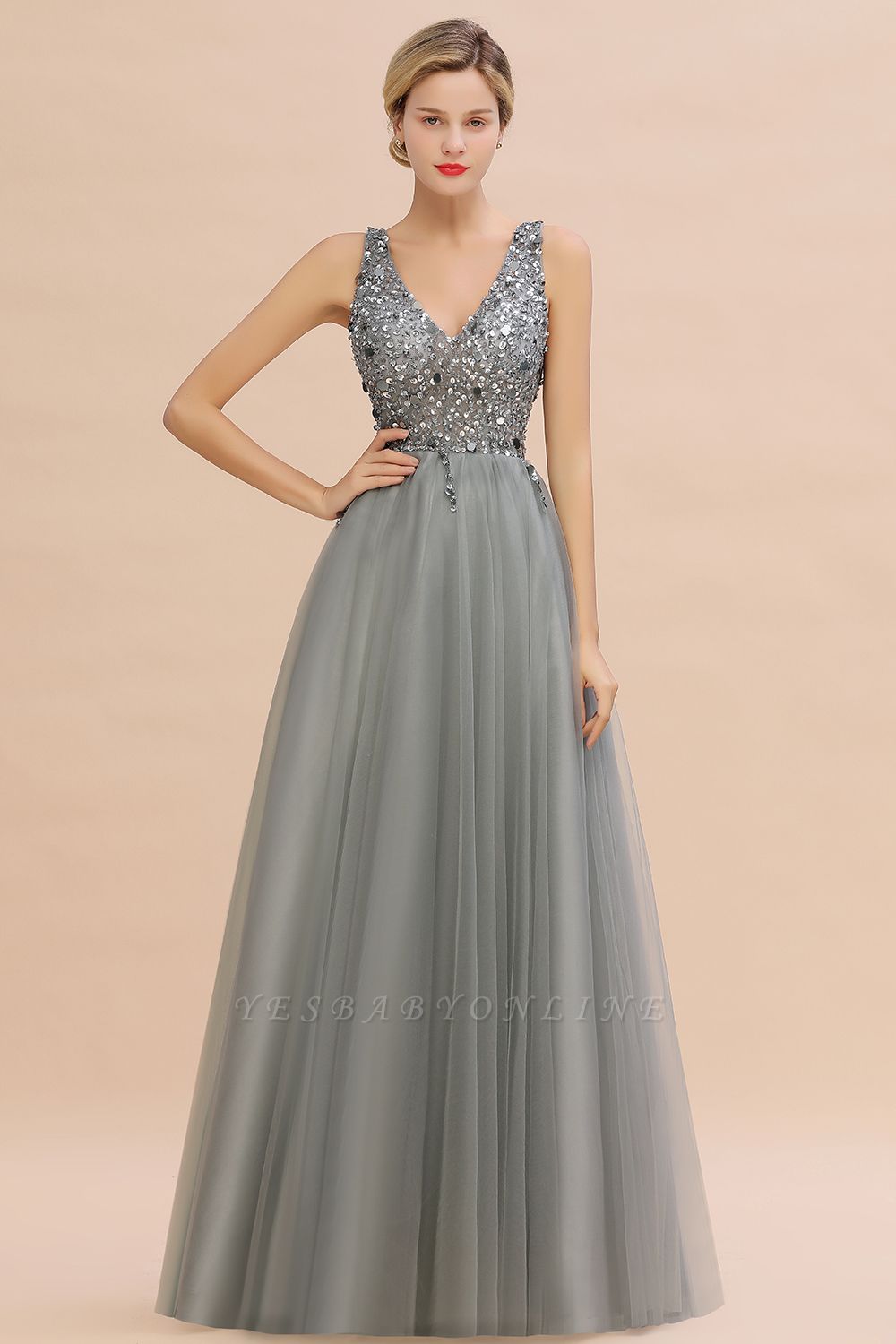 Sleeveless A-line Sequin Tulle Prom Dresses | Evening Dress