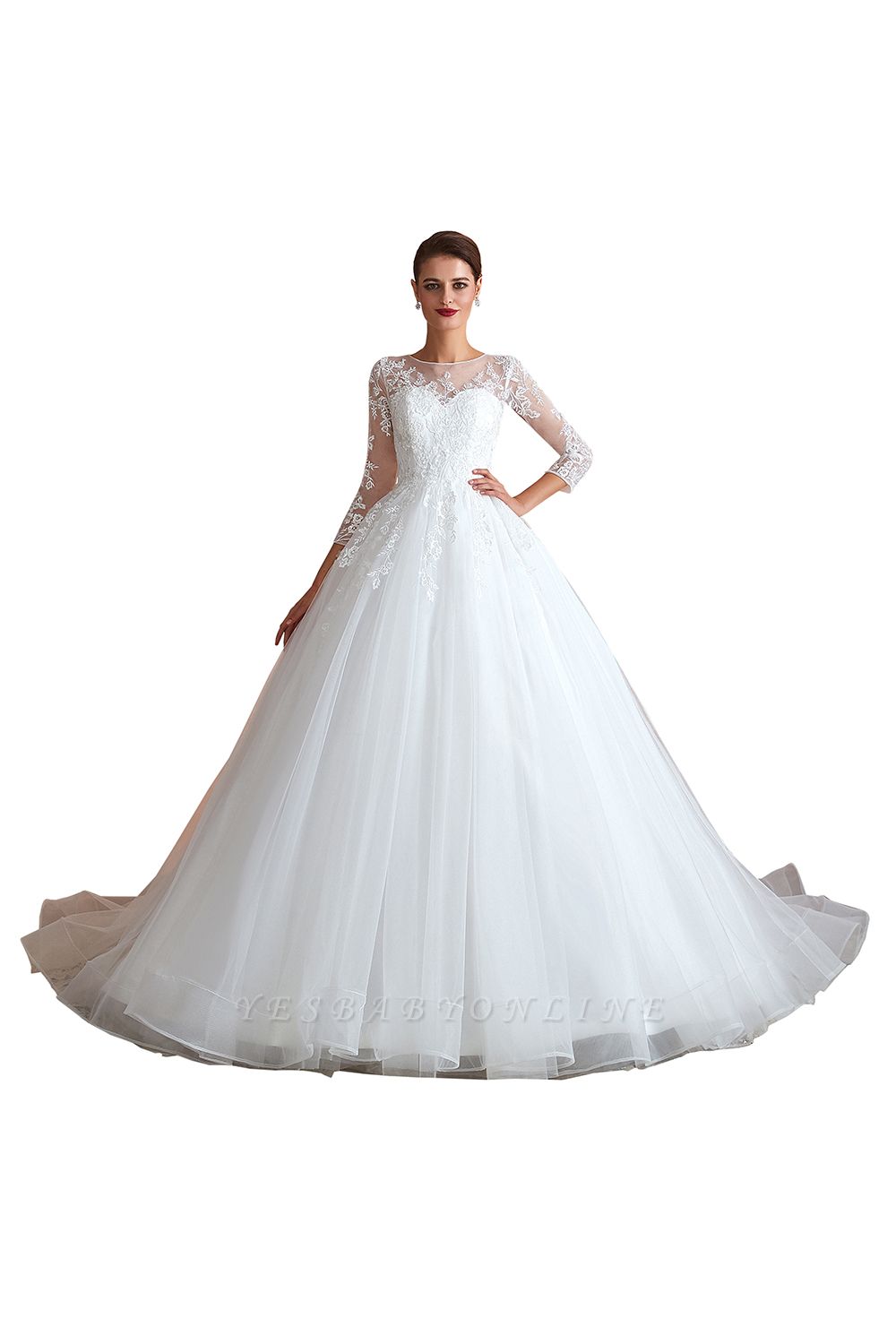 Floor Length Crew A-line Lace Tulle Wedding Dresses with Long Sleeves