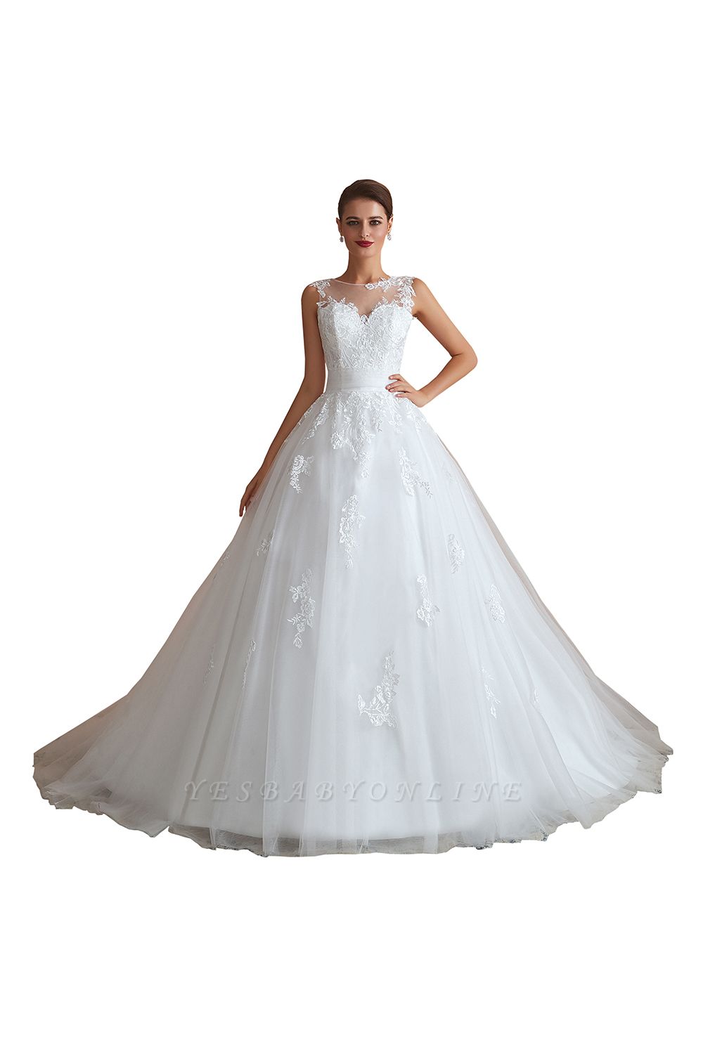 Floor Length Bateau Sleeveless Buttons Lace Tulle Puffy Wedding Dresses