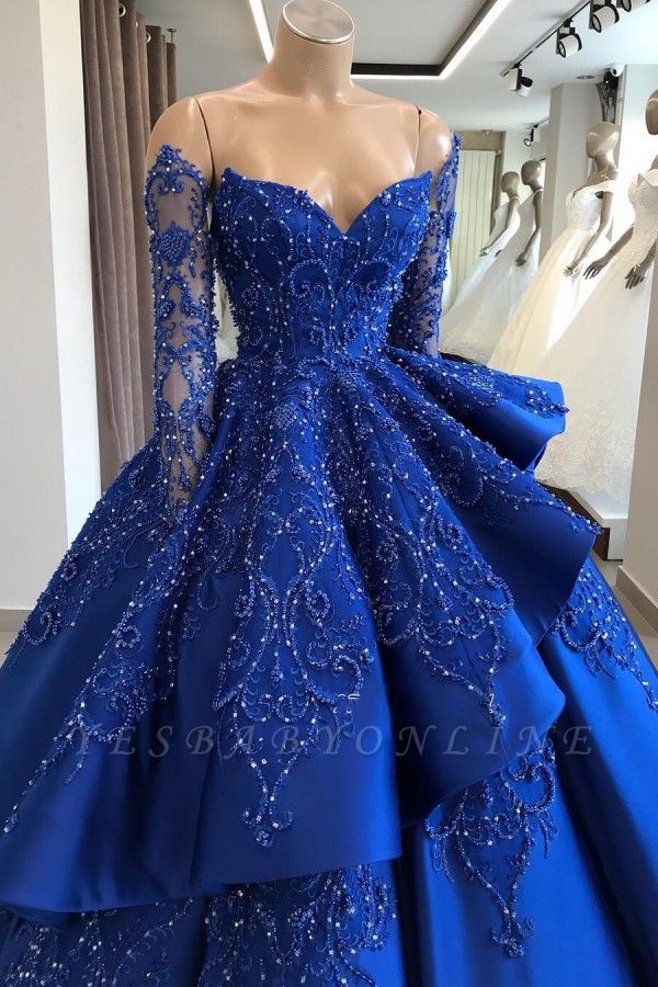 Gorgeous Royal Blue Lace Ruffled Prom Dress | Strapless Sweetheart Beads Quinceanera Dresses