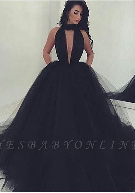 Black Ball Gown Prom Dresses Halter Neck Keyhole Neckline with Pockets Chic Evening Gowns