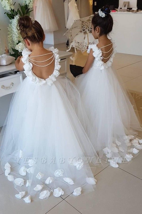 Sweet Tulle Appliques Backless Flower Girl Dresses with Pearls