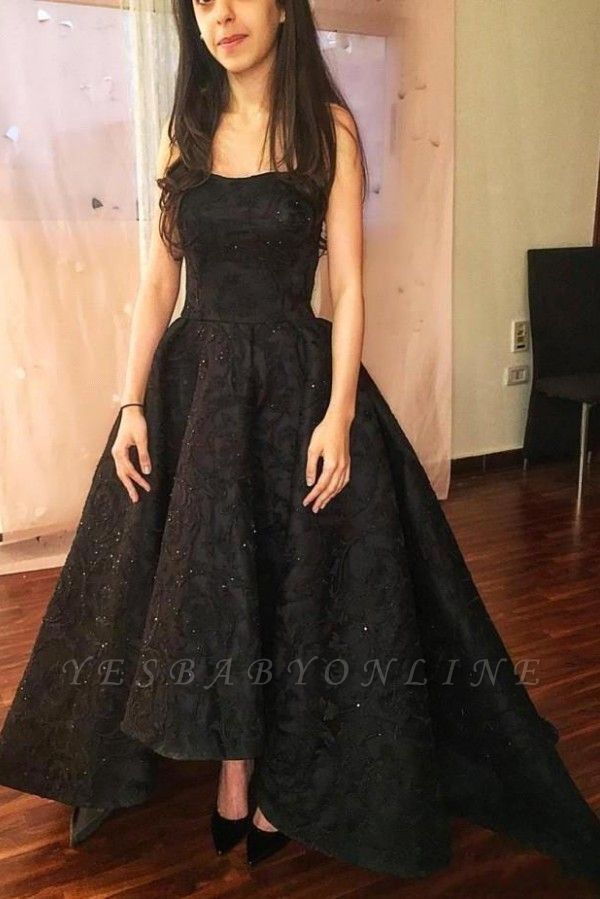 Black High-Low Prom Dresses | Sparkly Puffy Sleeveless Evening Gowns
