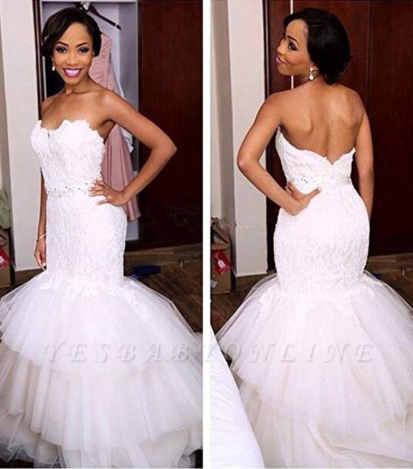 Appliques Crystal Tiered Sweetheart Mermaid Tulle Newest Wedding Dress