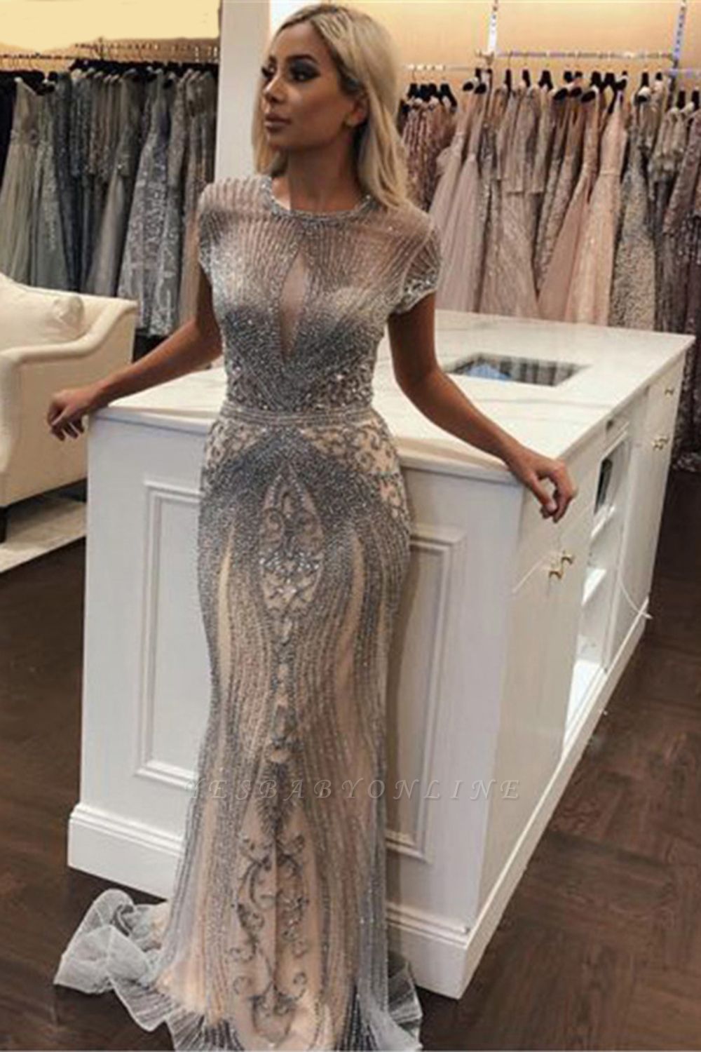 Luxury Cap Sleeves Keyhole Rhinestones Mermaid Prom Dresses | Gorgeous Beaded Evening Dress