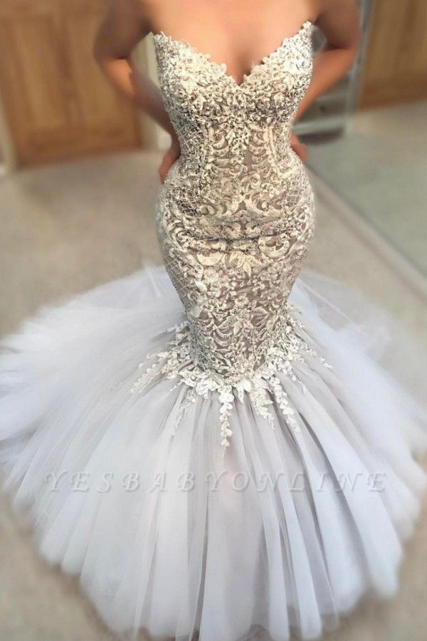 Exquisite Appliques Mermaid Wedding Dresses | Sweetheart Neck Tulle Skirt Bridal Gowns