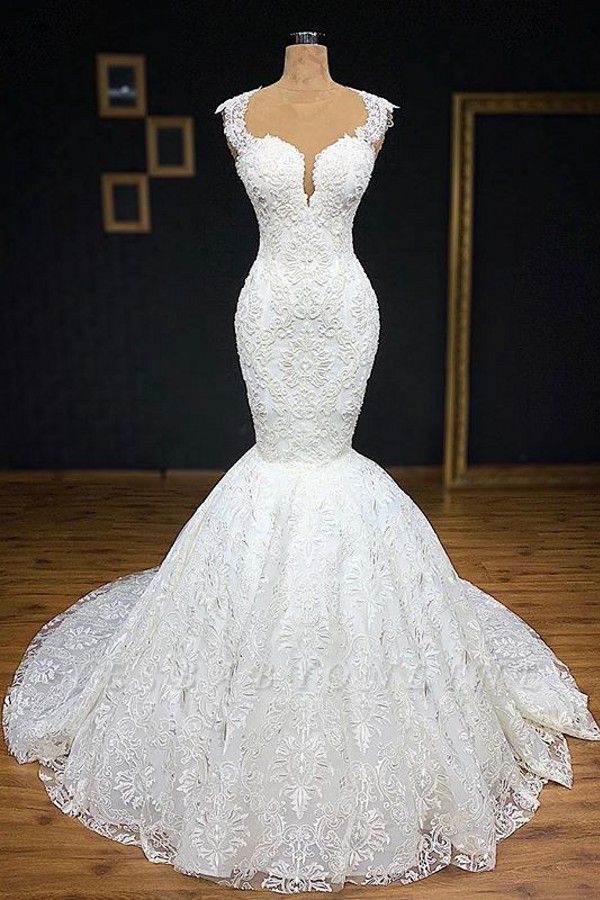 Glamorous Straps Appliques Backless Sexy Mermaid Bridal Gown