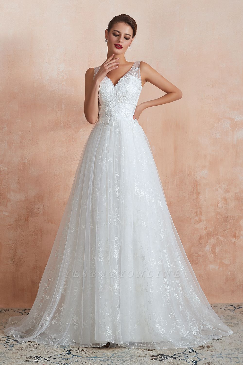 Floor Length Straps V-neck Sexy A-line Lace Tulle Wedding Dresses