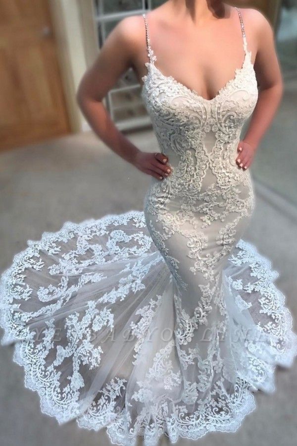 Glamorous Spaghettis-Straps Lace Wedding Dresses | Lace Appliques Mermaid Bridal Gowns