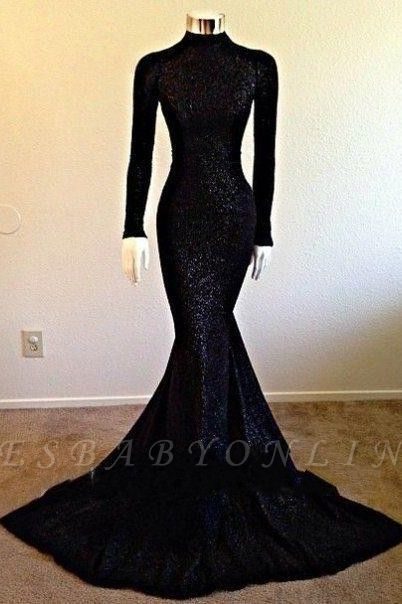 Black Long-Sleeve Modest Mermaid High-Neck Prom Dress